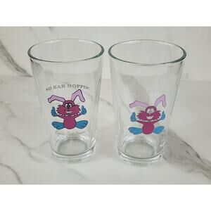 Rabbit Pink Logo Pizza Pint Beer Clear Glass 16oz Drinkware 5 3/4" Brewery x2